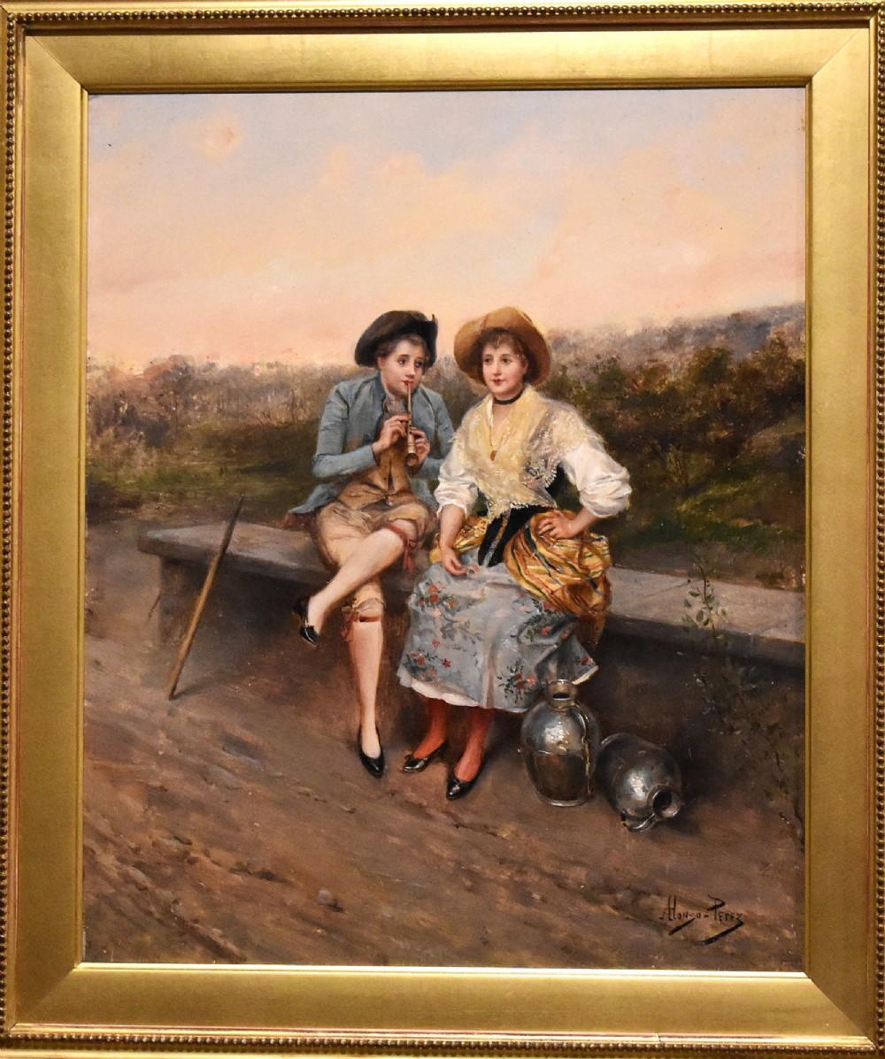 An oil painting depicting two figures in 18th-century costume seated outdoors, presented in a carved gilt wood frame. View III
