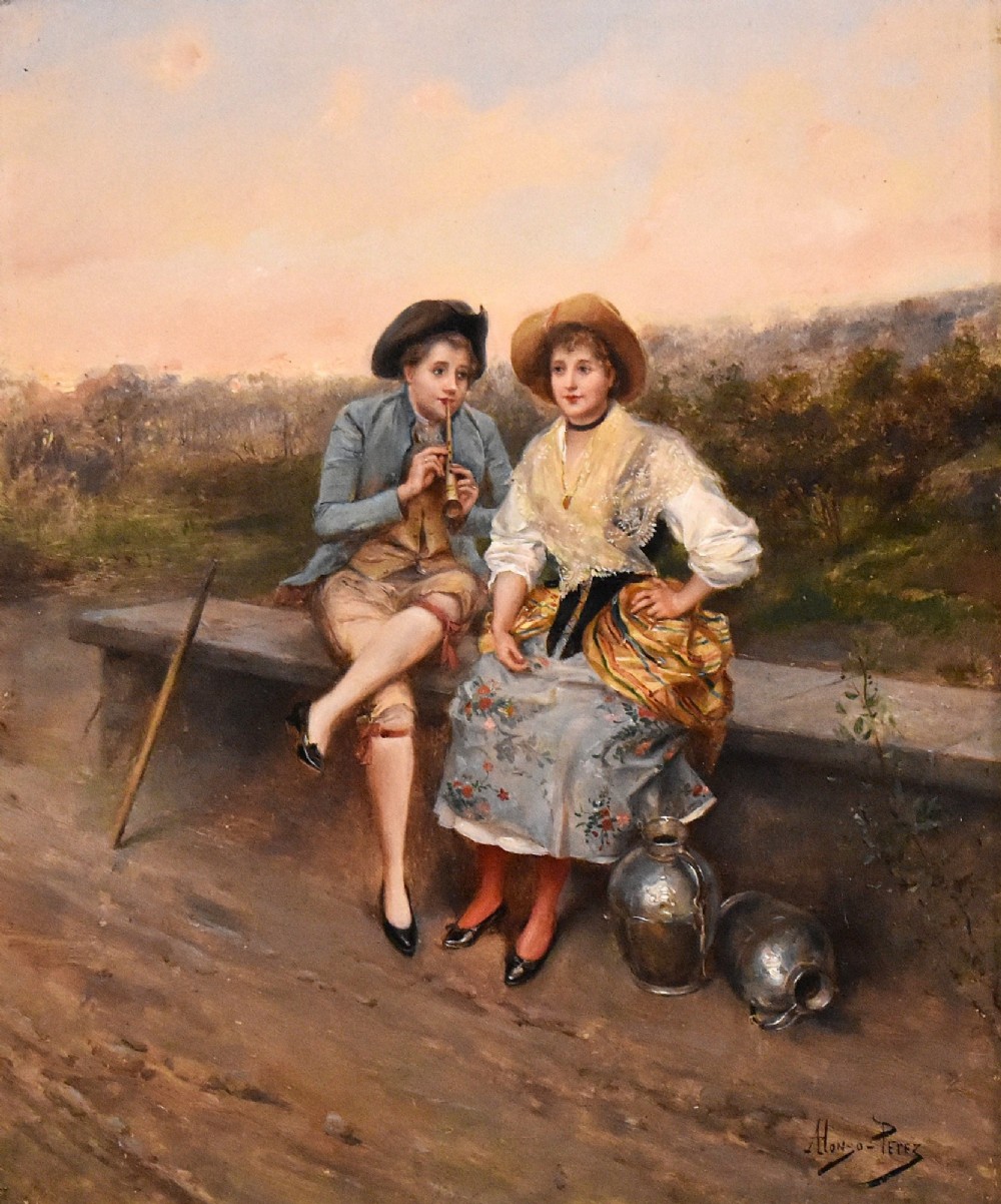 An oil painting depicting two figures in 18th-century costume seated outdoors, presented in a carved gilt wood frame. View IV