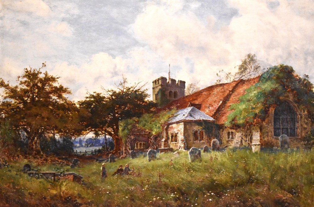 A Victorian landscape oil painting in an ornate gilded frame depicting a stone parish church and churchyard surrounded by trees under a cloudy sky. View IV
