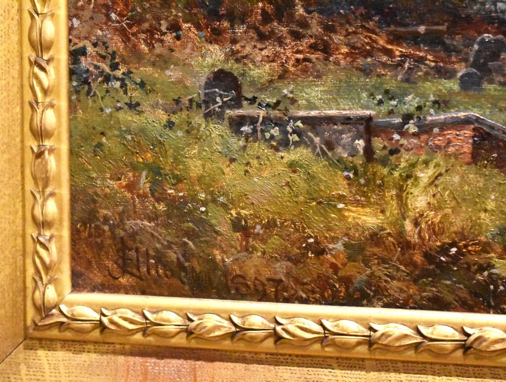 A Victorian landscape oil painting in an ornate gilded frame depicting a stone parish church and churchyard surrounded by trees under a cloudy sky. View V