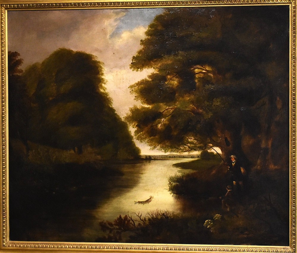 A Victorian oil painting in a gilded frame depicting a fisherman beside a quiet river surrounded by large foliage. View III