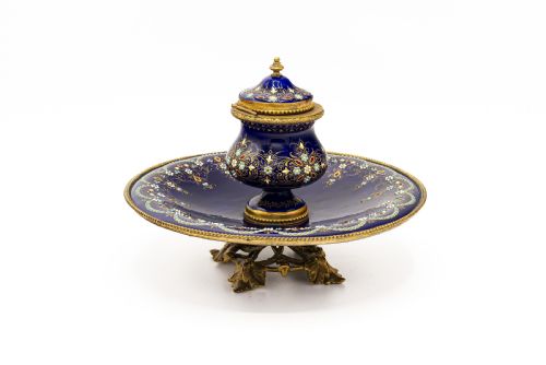 EXQUISITE ENAMEL OF BRESSE BRONZEDOR INKWELL FRANCE LATE 19TH CENTURY