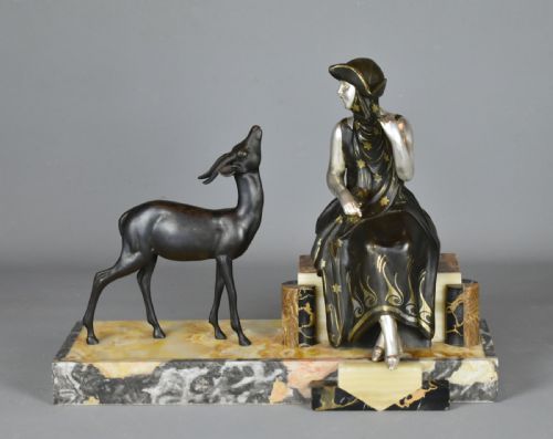 FRENCH ART DECO SCULPTURE OF LADY AND GAZELLE 1920 - ADDITIONAL PHOTO 1