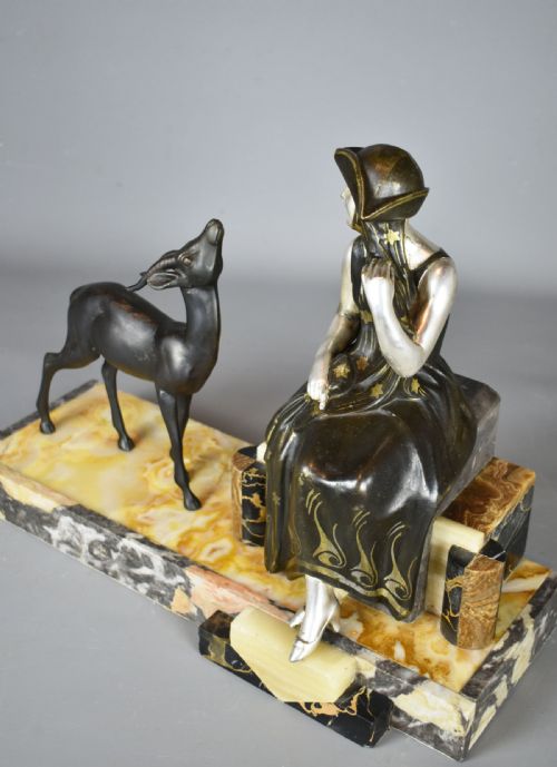 FRENCH ART DECO SCULPTURE OF LADY AND GAZELLE 1920 - ADDITIONAL PHOTO 2