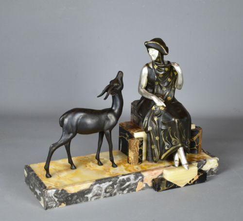 FRENCH ART DECO SCULPTURE OF LADY AND GAZELLE 1920 - ADDITIONAL PHOTO 3