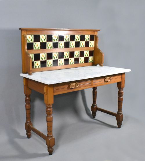 EDWARDIAN TILE BACK MARBLE TOP WASHSTAND IN BIRCH - ADDITIONAL PHOTO 1