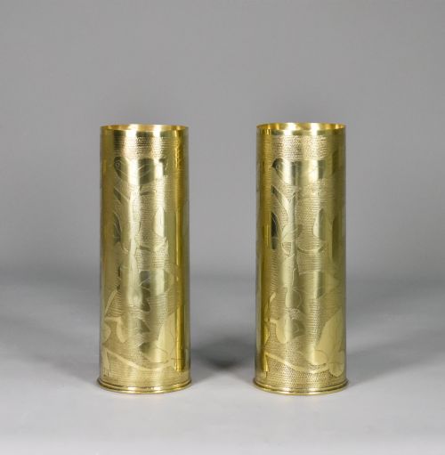 PAIR ANTIQUE FRENCH TRENCH ART BRASS SHELL VASES WW1 - ADDITIONAL PHOTO 1