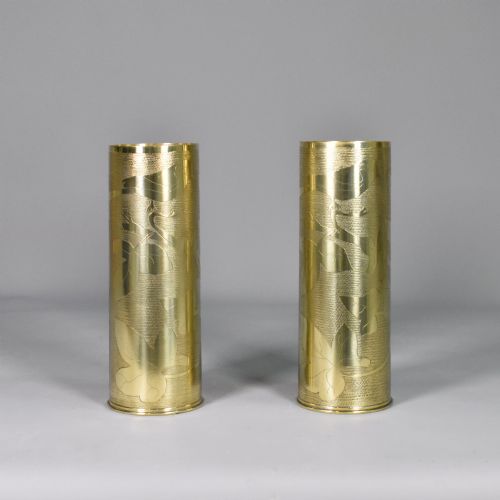 PAIR ANTIQUE FRENCH TRENCH ART BRASS SHELL VASES WW1 - ADDITIONAL PHOTO 3