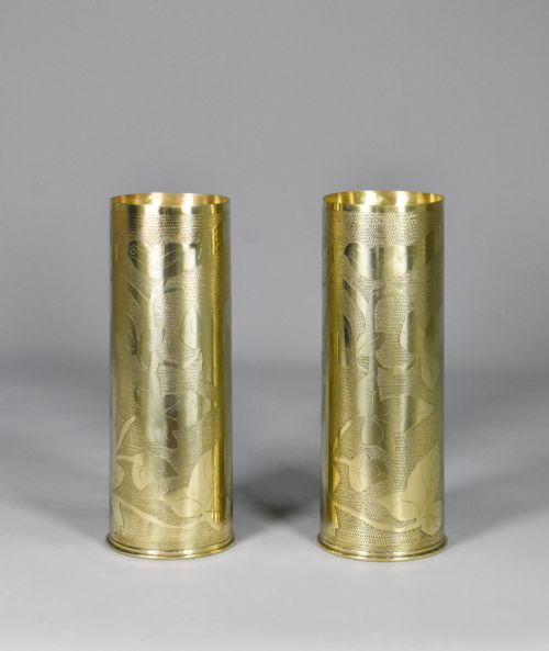 PAIR ANTIQUE FRENCH TRENCH ART BRASS SHELL VASES WW1 - ADDITIONAL PHOTO 9