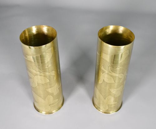 PAIR ANTIQUE FRENCH TRENCH ART BRASS SHELL VASES WW1 - ADDITIONAL PHOTO 10