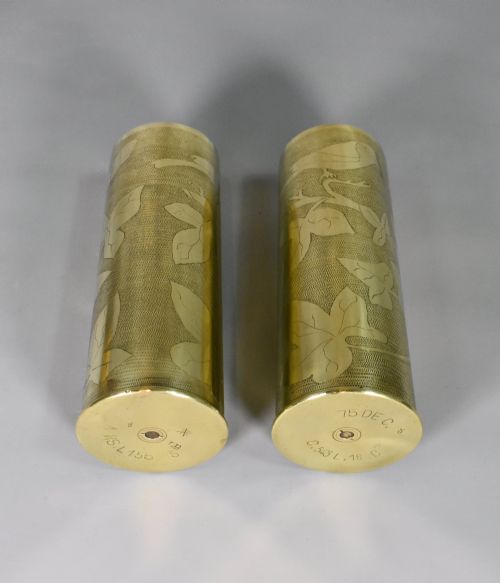 PAIR ANTIQUE FRENCH TRENCH ART BRASS SHELL VASES WW1 - ADDITIONAL PHOTO 11