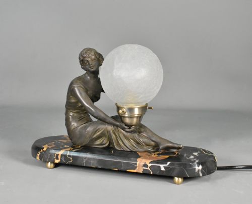 FRENCH ART DECO LAMP WITH LADY AND GLASS GLOBE SHADE - ADDITIONAL PHOTO 1