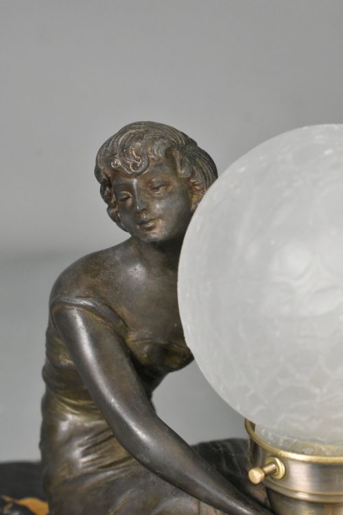 FRENCH ART DECO LAMP WITH LADY AND GLASS GLOBE SHADE - ADDITIONAL PHOTO 3