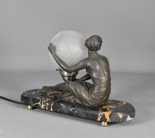 FRENCH ART DECO LAMP WITH LADY AND GLASS GLOBE SHADE - ADDITIONAL PHOTO 5