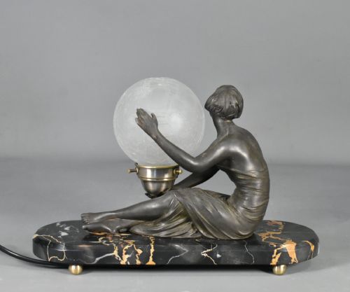 FRENCH ART DECO LAMP WITH LADY AND GLASS GLOBE SHADE - ADDITIONAL PHOTO 7