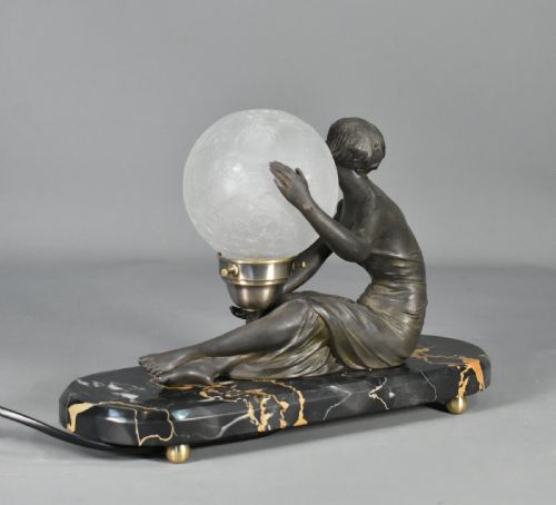 FRENCH ART DECO LAMP WITH LADY AND GLASS GLOBE SHADE - ADDITIONAL PHOTO 8