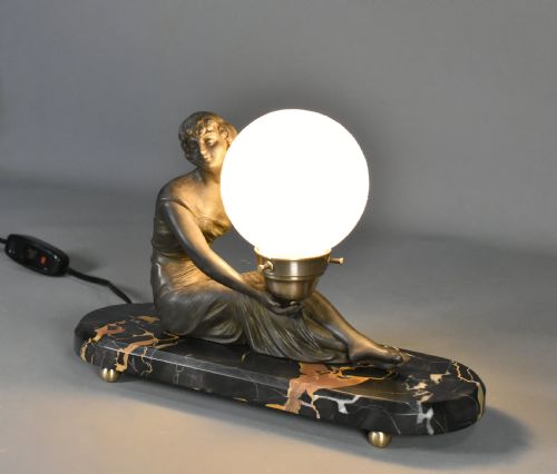 FRENCH ART DECO LAMP WITH LADY AND GLASS GLOBE SHADE - ADDITIONAL PHOTO 12