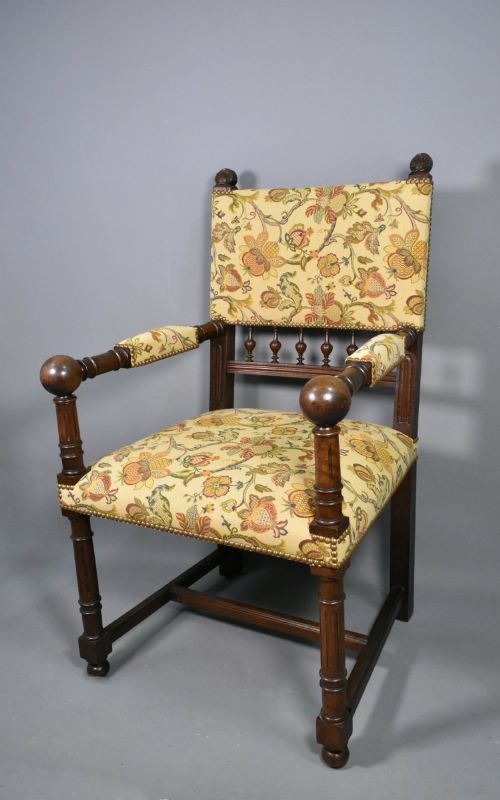 FRENCH ANTIQUE UPSHOLSTERED ARMCHAIR IN WALNUT TRANSITIONAL RENAISSANCE REVIVAL - ADDITIONAL PHOTO 2