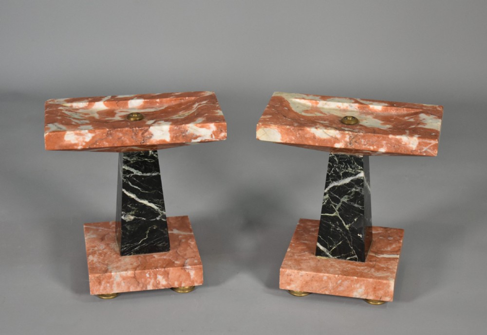 A French Art Deco three-piece clock set made from geometric pink and black veined marble with brass mounts. View XIV