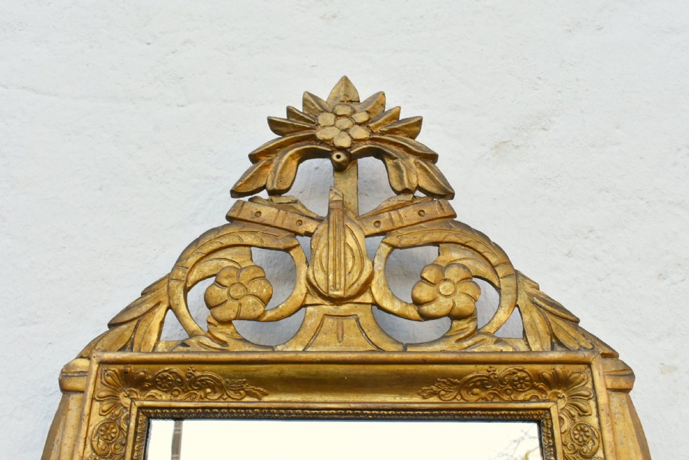 A rectangular French giltwood wall mirror featuring carved floral cresting and a gold leaf frame. View XI