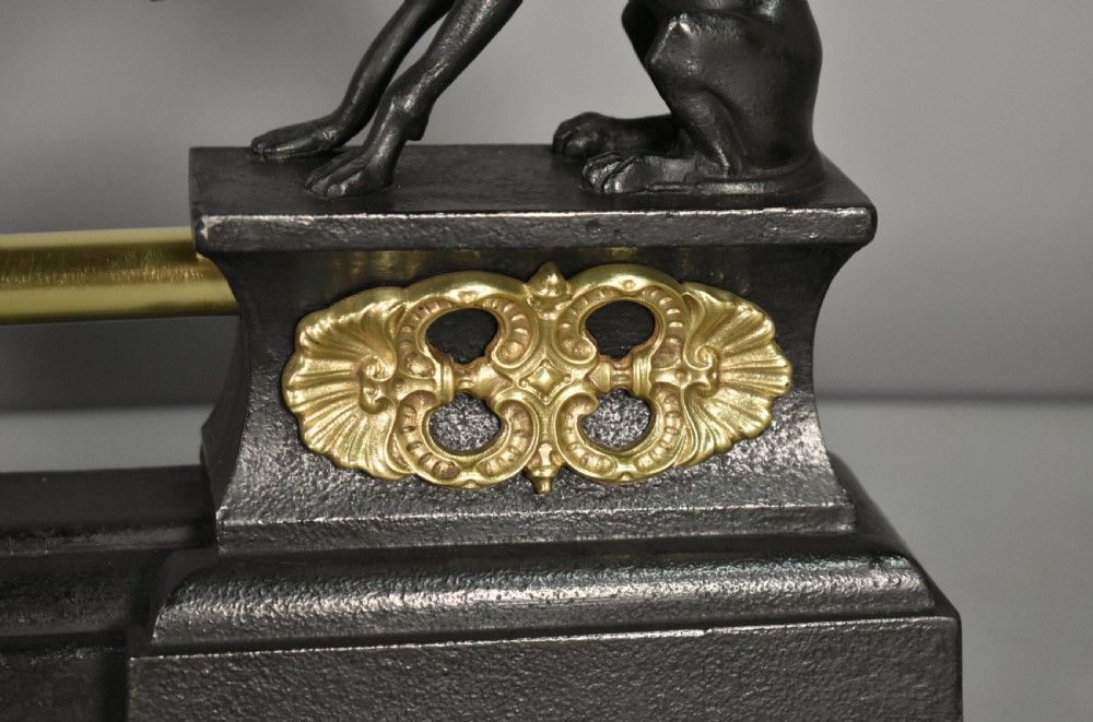 A 19th-century French fireplace fender featuring dark patinated metal greyhound sculptures resting on bases on either side of a polished brass rail with central gold-toned foliate detailing. View IX