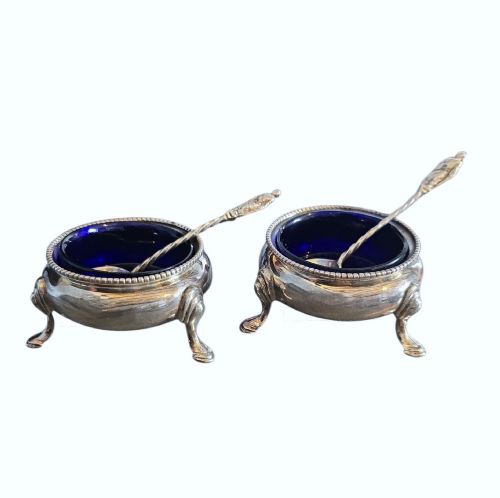 Pair Victorian Sterling Silver Salts, Blue Glass Liners, Spoons London 1866 Beare Falcke