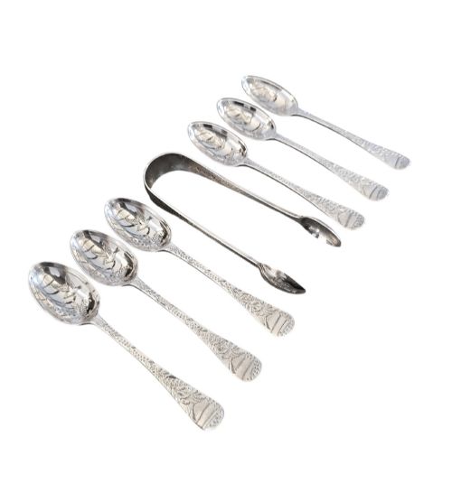 Victorian Sterling Silver 6 Teaspoons & Sugar Tongs London 1883 Engraved 110g
