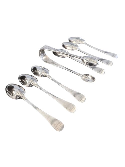 fig 1. Set of six Victorian sterling silver teaspoons and matching sugar tongs featuring engraved bird and foliate motifs.