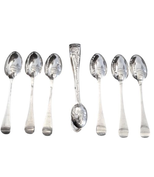 fig 2. Set of six Victorian sterling silver teaspoons and matching sugar tongs featuring engraved bird and foliate motifs.