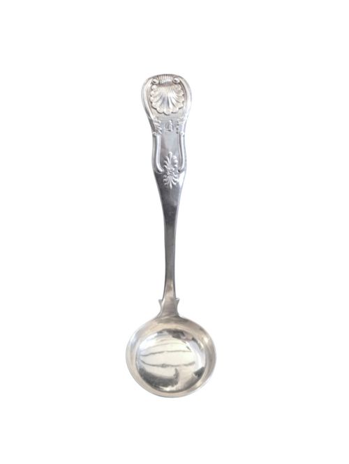 fig 1. A Scottish sterling silver sauce ladle in Kings pattern, assay marked for Edinburgh in 1831, featuring a round bowl and ornate shell handle detailing.