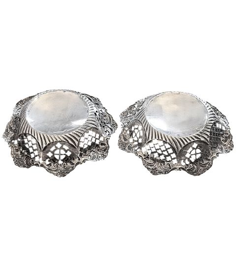 fig 1. A pair of late Victorian sterling silver bonbon dishes with pierced lattice rims and scrolled edges.