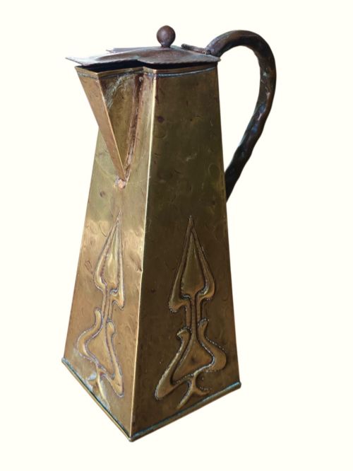 Antique Art Nouveau Brass Lidded Water Jug C1900 Arts & Crafts Pitcher 29cm