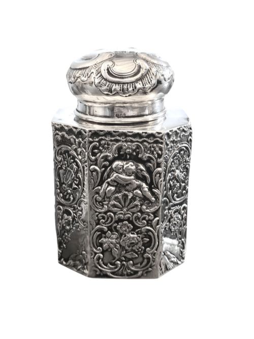 Antique Sterling Silver Hexagonal Tea Caddy – Chester 1898 – Berthold Muller