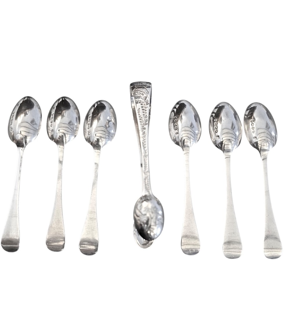 Set of six Victorian sterling silver teaspoons and matching sugar tongs featuring engraved bird and foliate motifs. View III