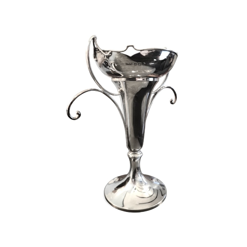 An antique sterling silver Art Nouveau vase with sweeping scroll handles, a shaped rim, and a circular pedestal base. View II