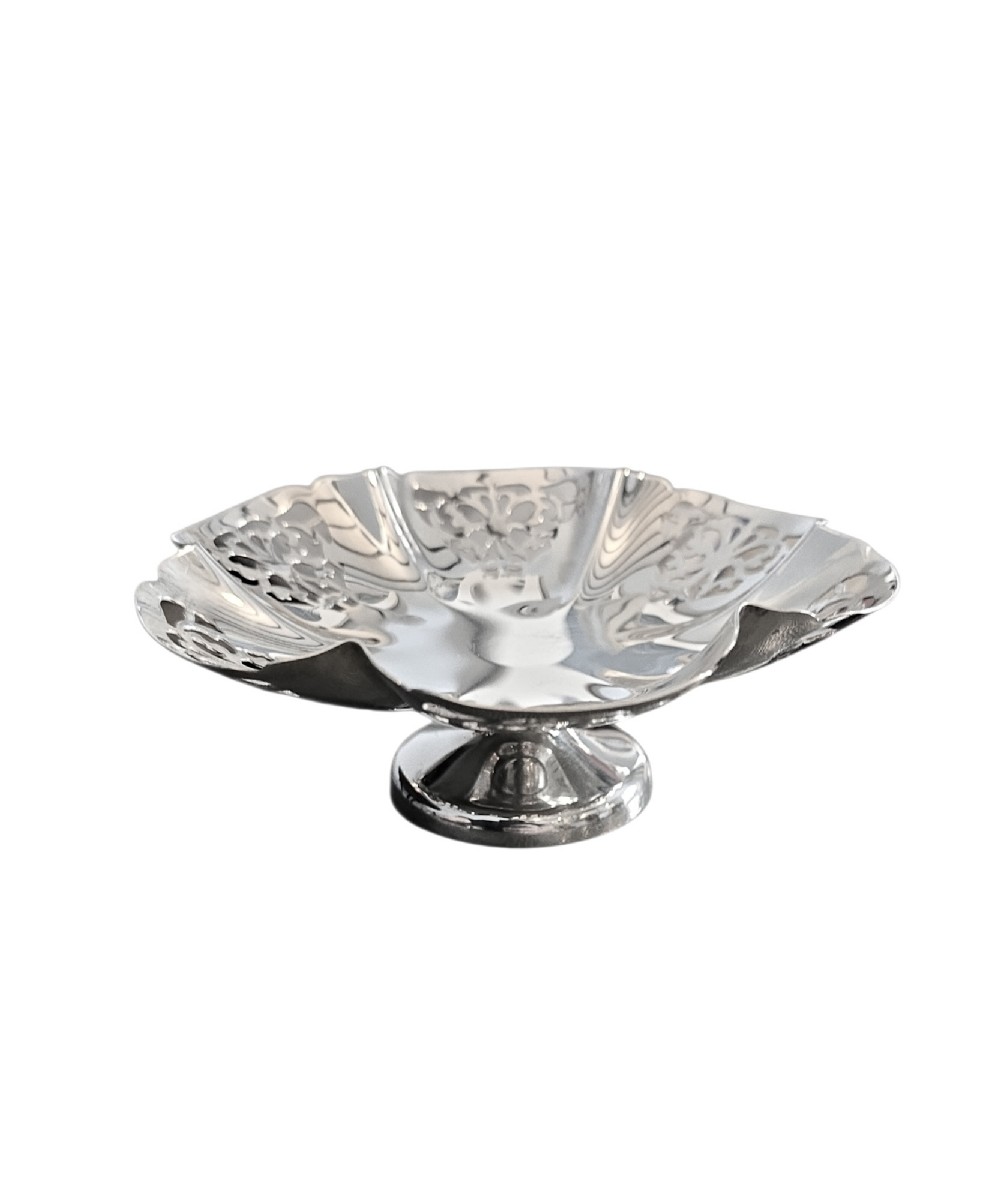 A hallmarked sterling silver bonbon dish featuring a pierced scalloped rim and a short pedestal foot. View II