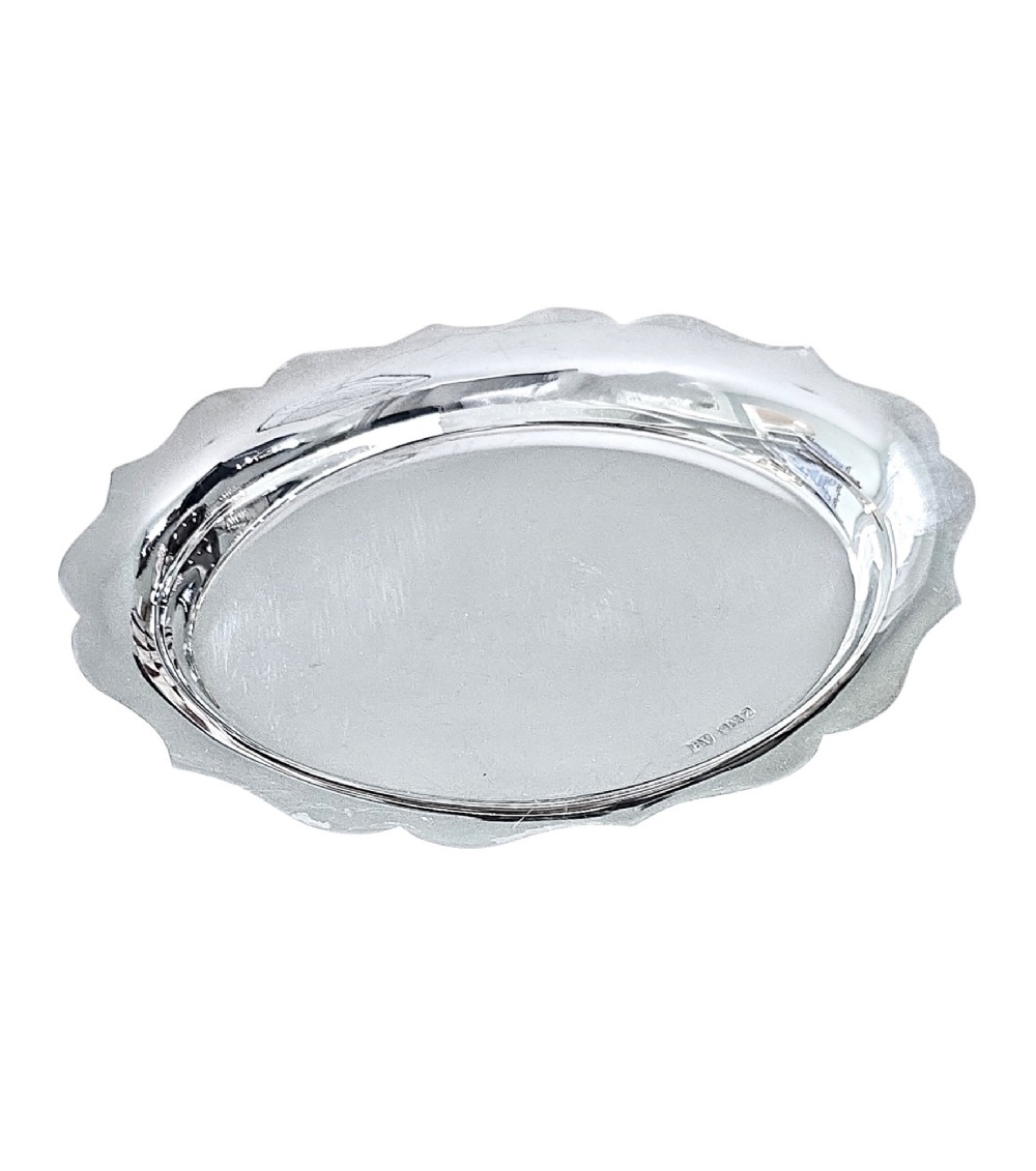 A small sterling silver card tray featuring a scalloped border and stamped British hallmarks on the flat surface. View IV