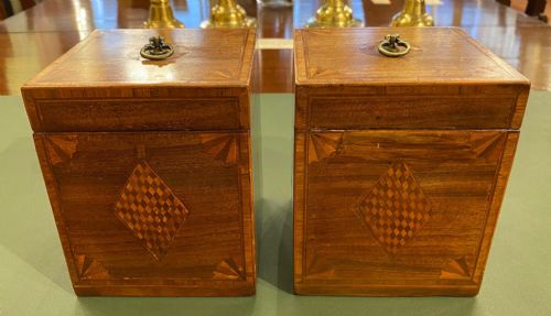 A Rare Pair of Late 18th Century Inlaid Mahogany Cube Tea Caddies