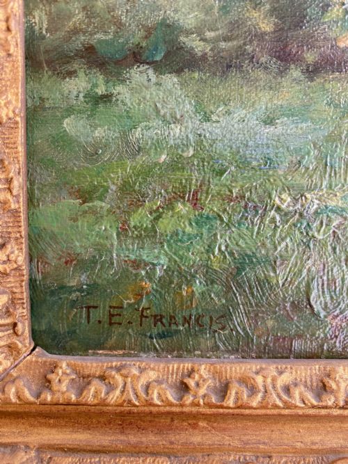 FRAMED OIL ON CANVAS CATTLE GRAZING ON RIVERBANK BY THOMAS E FRANCIS - ADDITIONAL PHOTO 1