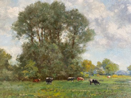 FRAMED OIL ON CANVAS CATTLE GRAZING ON RIVERBANK BY THOMAS E FRANCIS - ADDITIONAL PHOTO 2
