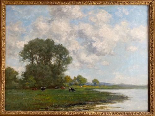 FRAMED OIL ON CANVAS CATTLE GRAZING ON RIVERBANK BY THOMAS E FRANCIS - ADDITIONAL PHOTO 3