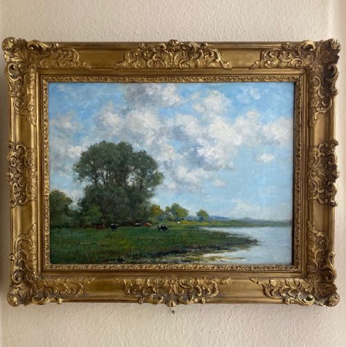 FRAMED OIL ON CANVAS CATTLE GRAZING ON RIVERBANK BY THOMAS E FRANCIS - ADDITIONAL PHOTO 5