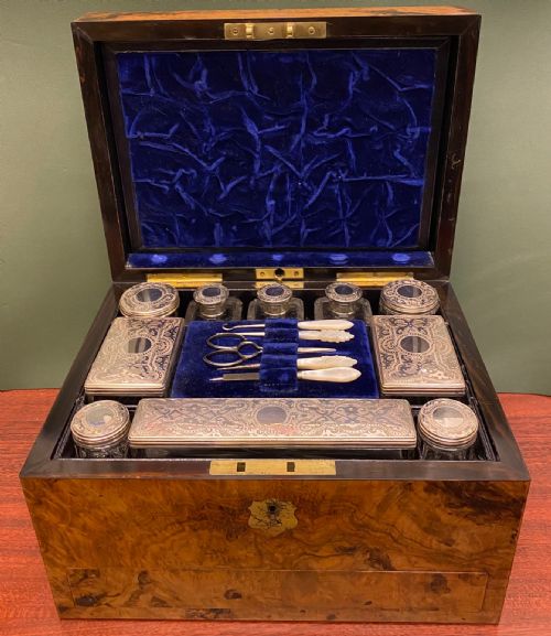 Mid-19th Century Walnut Lady’s Dressing Case. Hallmarked: London 1871