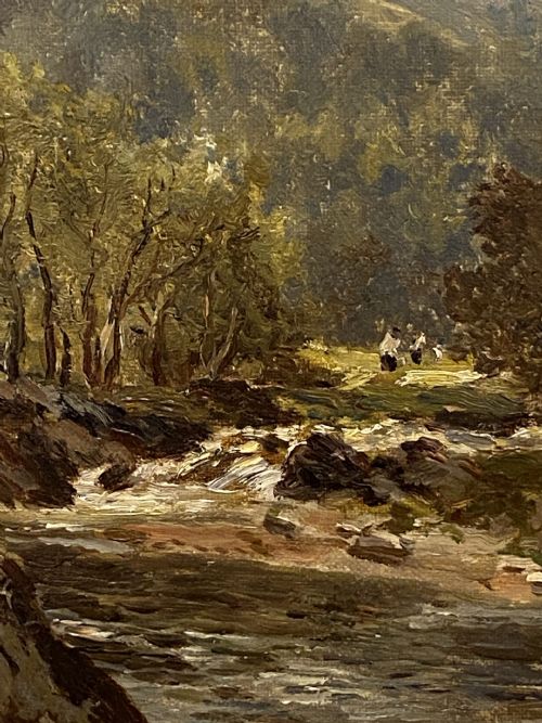 fig 1. A 19th-century oil painting on canvas depicting a North Wales river and mountain landscape, set within an ornate gilded frame.