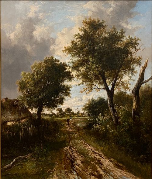 fig 1. A 19th-century oil painting on canvas depicting a rutted dirt track through a wooded landscape, framed in a gilded moulded frame.