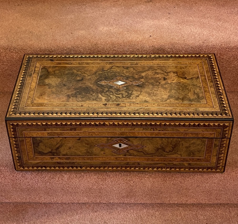 A good Tunbridgeware Walnut Writing Box with inlaid decoration 