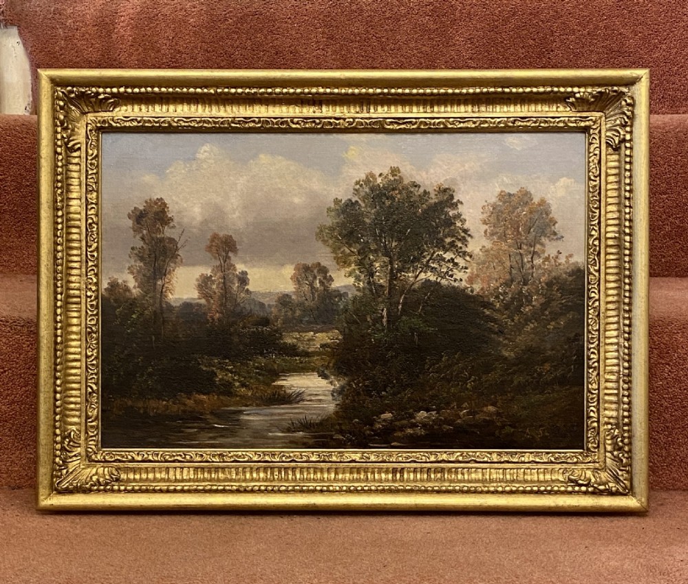 Framed Oil On Canvas “Woodland River View” By Ada Stone (Fl. 1879-1904)