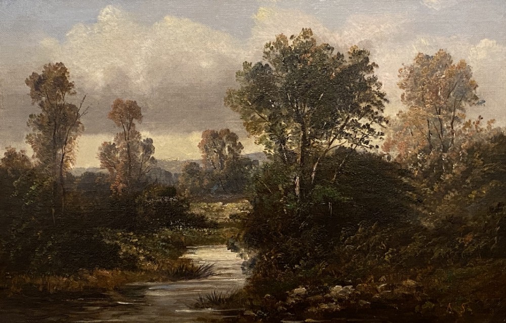 Framed Oil On Canvas “Woodland River View” By Ada Stone (Fl. 1879-1904) View II