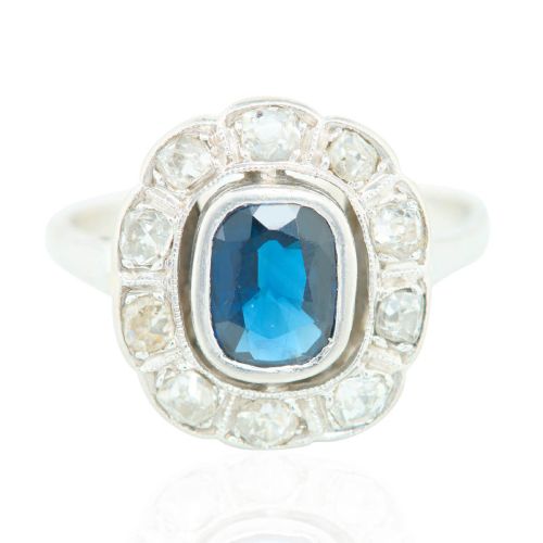 18CT WHITE GOLD SAPPHIRE DIAMOND CLUSTER RING FRENCH