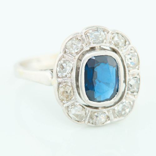 18CT WHITE GOLD SAPPHIRE DIAMOND CLUSTER RING FRENCH - ADDITIONAL PHOTO 2